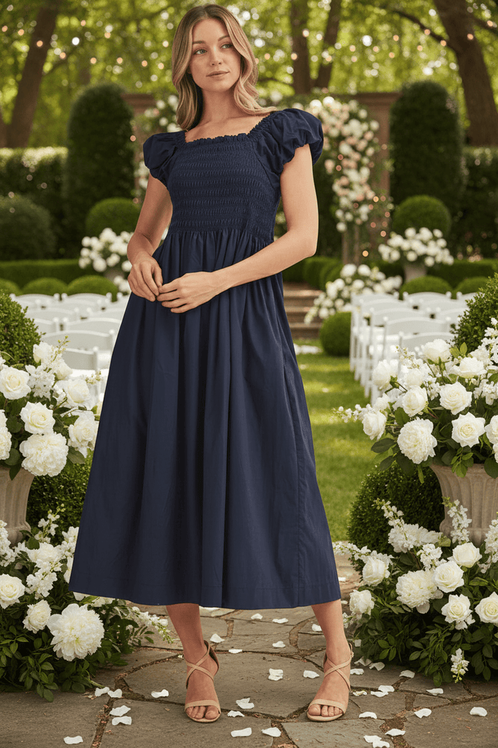 Jodifl Solid Puffed Cap Sleeve Smocked Bodice Midi Dress – jfybrand