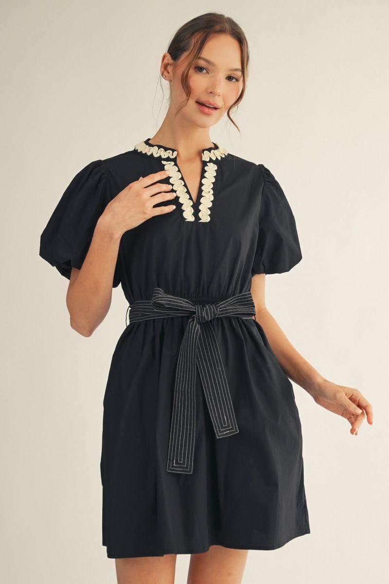 Jodifl Solid Short Puff Sleeve Dress with Thick Self Tie Belt – jfybrand