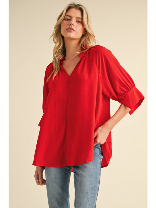Jodifl Solid Split Neck Ruched Shoulders Half Sleeve Slit Band Cuff Blouse