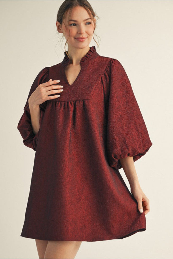 Jodifl Solid Textured Fabric Puff Sleeve Babydoll Dress