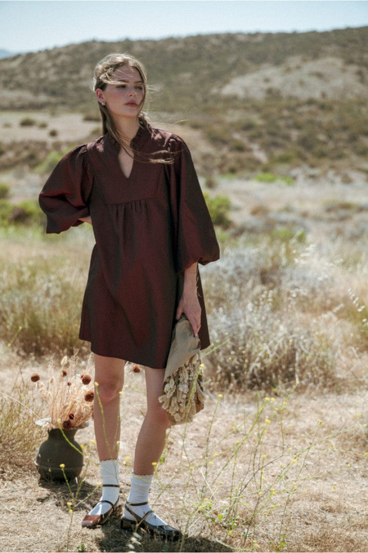 Jodifl Solid Textured Fabric Puff Sleeve Babydoll Dress