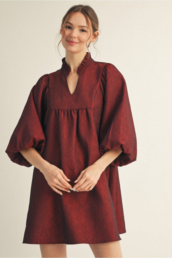Jodifl Solid Textured Fabric Puff Sleeve Babydoll Dress