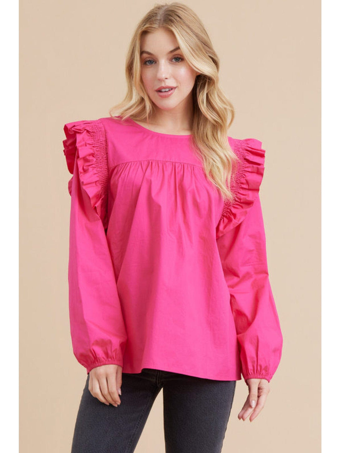 Jodifl Solid Top with U-Neck and Long Bubble Sleeves