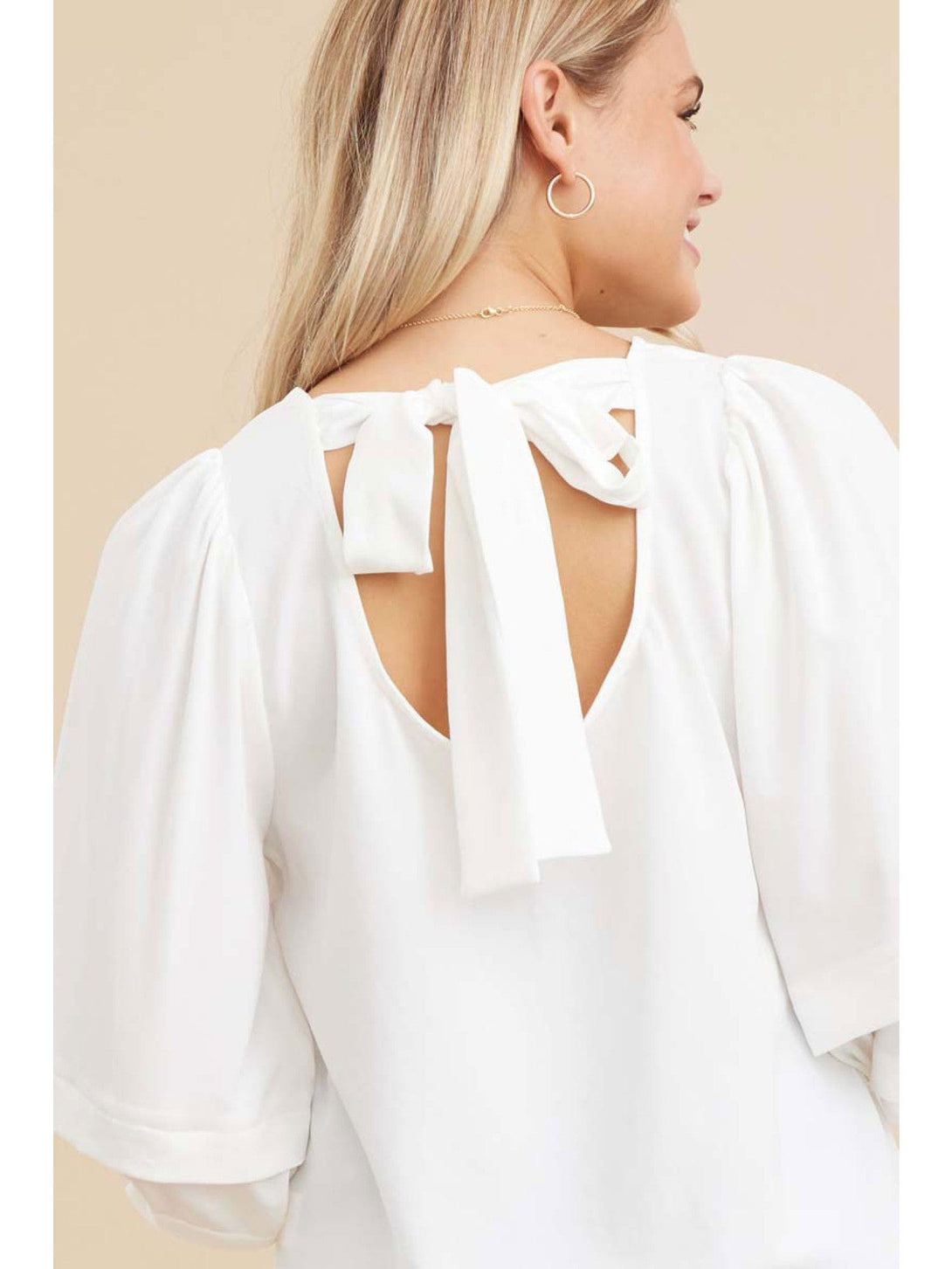 Jodifl Solid U-Neck Top with Back Ribbon-Tie Closure and Layered Cuffs