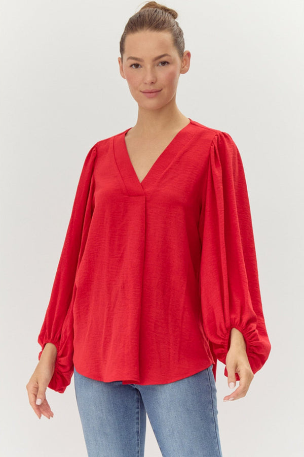 Jodifl Solid V-Neck Bubble Sleeve Curved Hem Blouse Top