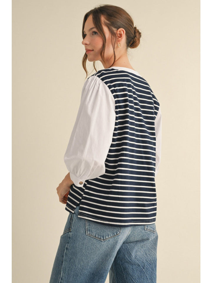 Jodifl Striped Bodice Top with Half Placket Button Neckline and Three Quarter Peasant Sleeves