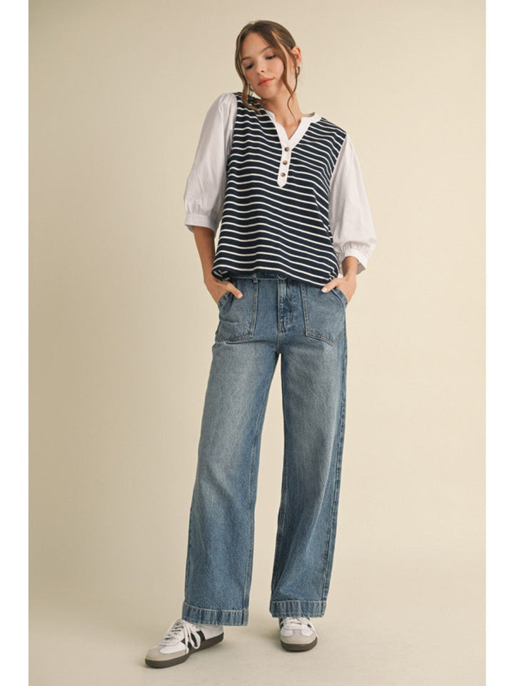 Jodifl Striped Bodice Top with Half Placket Button Neckline and Three Quarter Peasant Sleeves