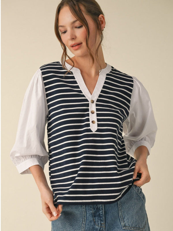 Jodifl Striped Bodice Top with Half Placket Button Neckline and Three Quarter Peasant Sleeves