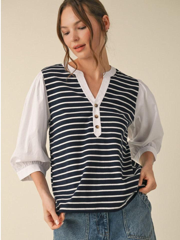 Jodifl Striped Bodice Top with Half Placket Button Neckline and Three Quarter Peasant Sleeves
