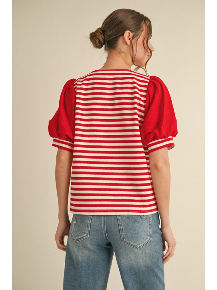 Jodifl Striped Bodice V-Neck Top with Short Puff Sleeves and Accent Band Cuffs