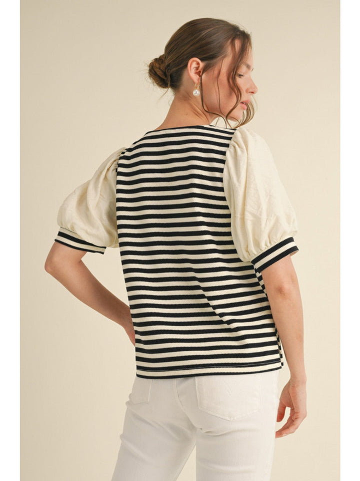 Jodifl Striped Bodice V-Neck Top with Short Puff Sleeves and Accent Band Cuffs