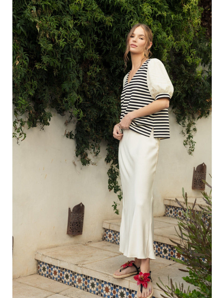 Jodifl Striped Bodice V-Neck Top with Short Puff Sleeves and Accent Band Cuffs