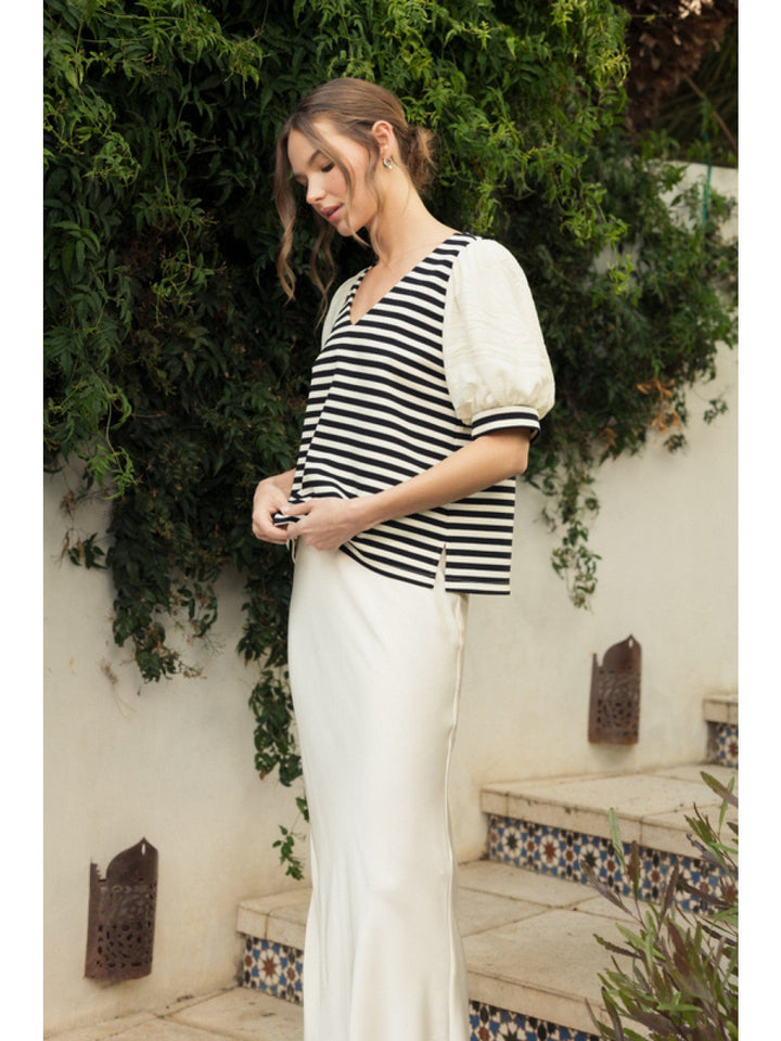 Jodifl Striped Bodice V-Neck Top with Short Puff Sleeves and Accent Band Cuffs