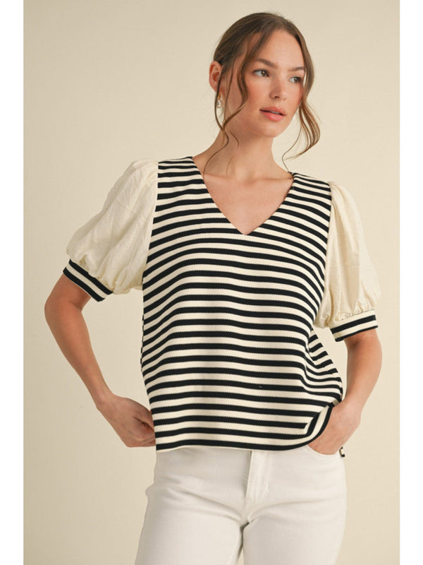Jodifl Striped Bodice V-Neck Top with Short Puff Sleeves and Accent Band Cuffs