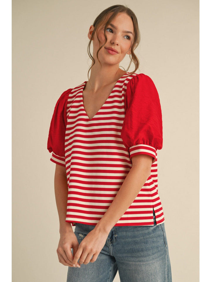 Jodifl Striped Bodice V-Neck Top with Short Puff Sleeves and Accent Band Cuffs
