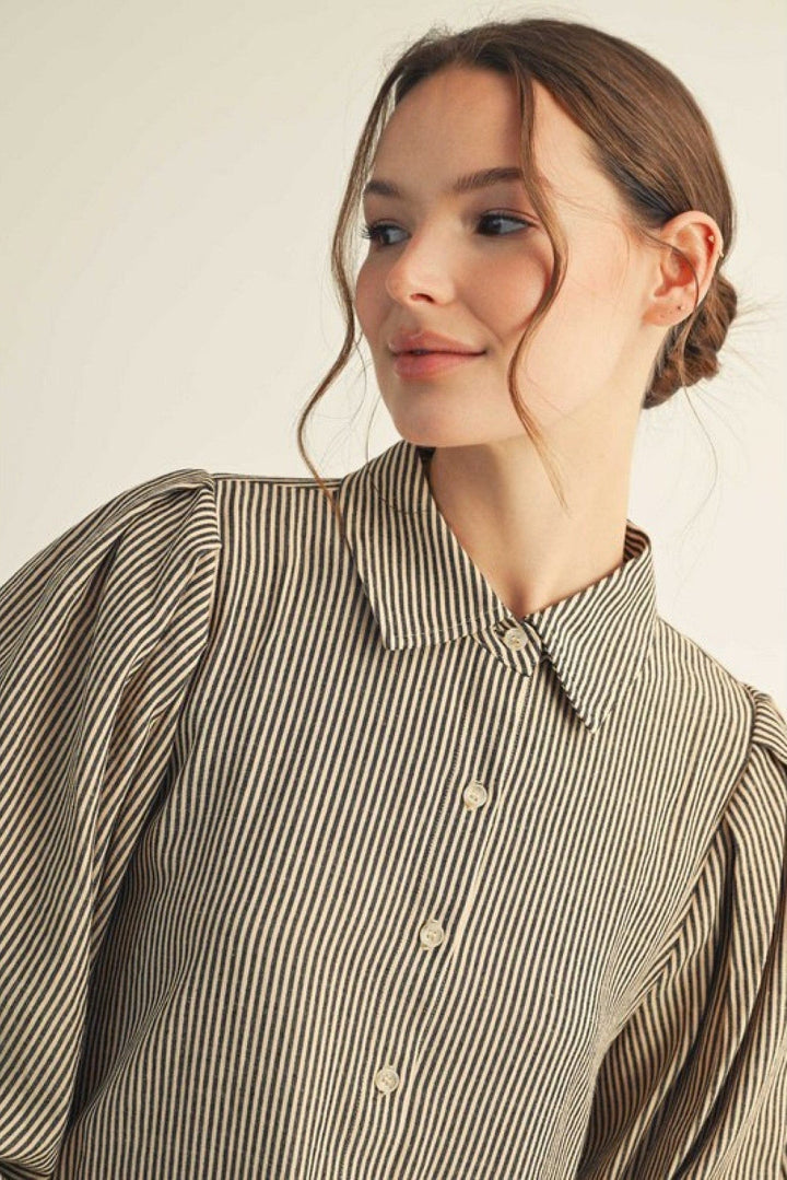 Jodifl Striped Button Down 3/4 Puff Sleeve Top