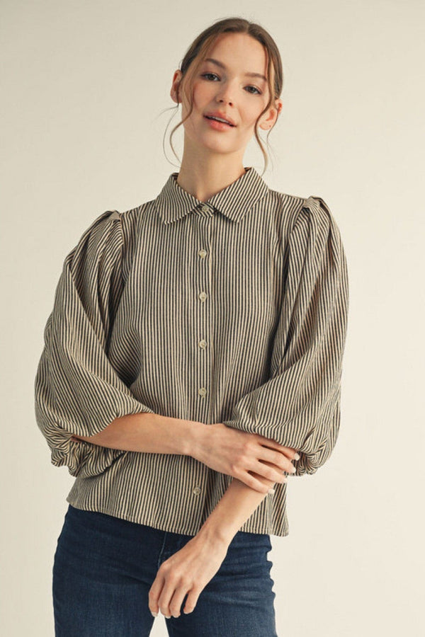 Jodifl Striped Button Down 3/4 Puff Sleeve Top