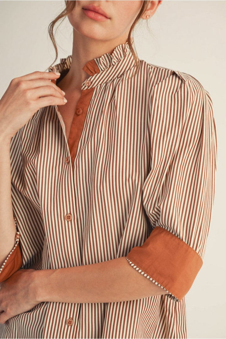 Jodifl Striped Button Down Top with Standing Ruffle Collar