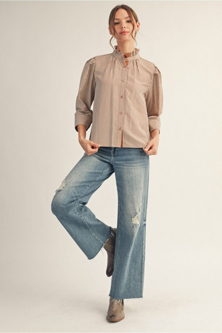 Jodifl Striped Button Down Top with Standing Ruffle Collar
