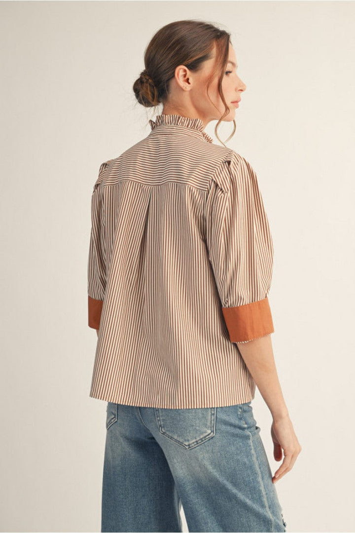 Jodifl Striped Button Down Top with Standing Ruffle Collar