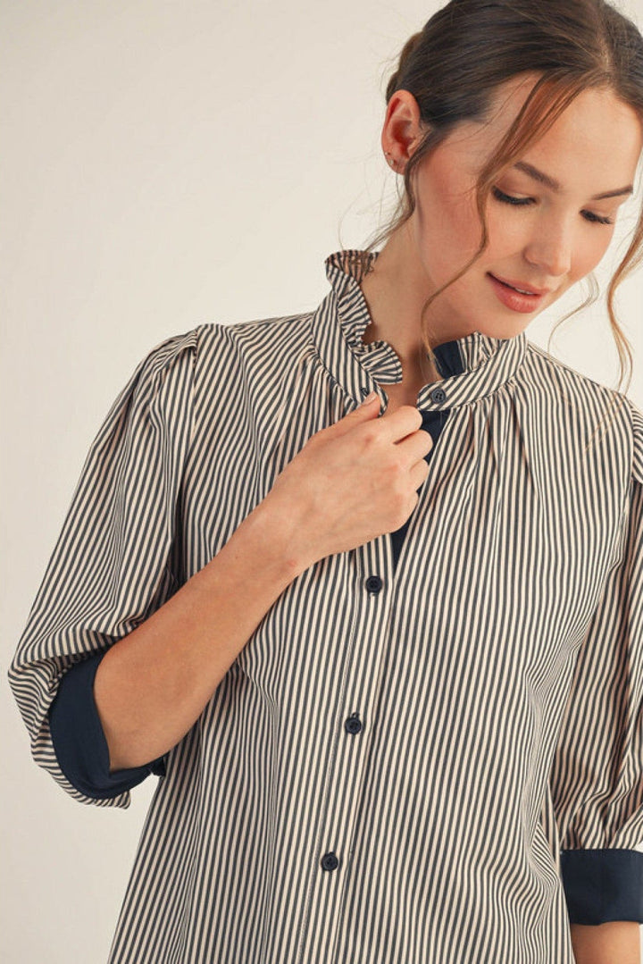 Jodifl Striped Button Down Top with Standing Ruffle Collar