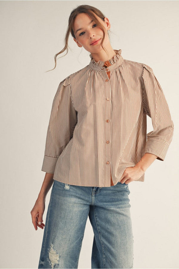 Jodifl Striped Button Down Top with Standing Ruffle Collar