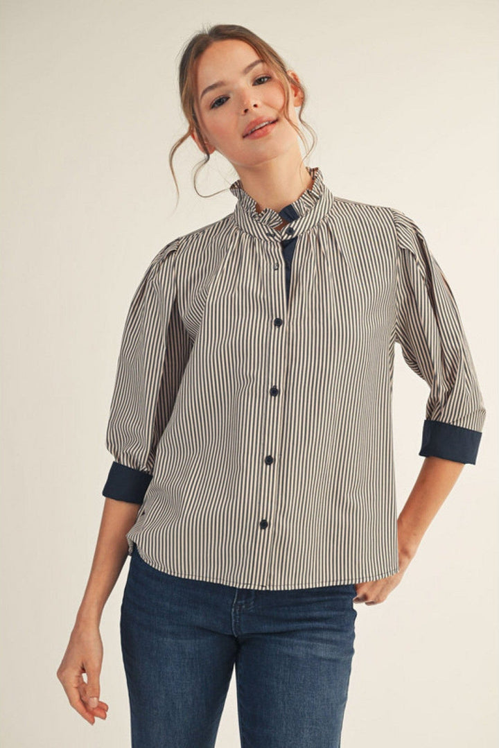 Jodifl Striped Button Down Top with Standing Ruffle Collar