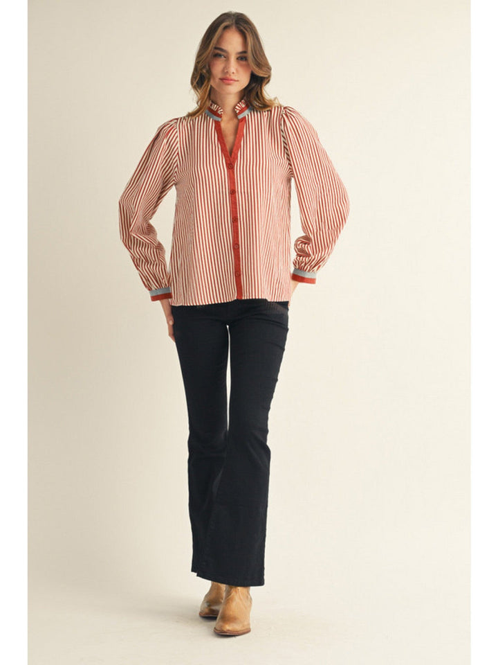 Jodifl Striped Long Sleeve Button Down with Solid Trim