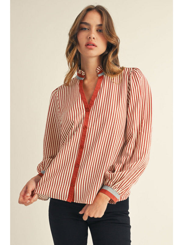 Jodifl Striped Long Sleeve Button Down with Solid Trim