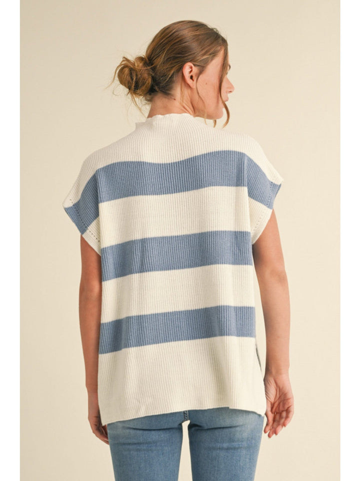 Jodifl Striped Print Jewel Neckline High Low Split Hem Knit Top