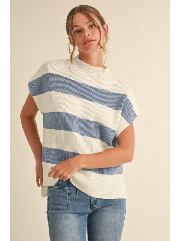 Jodifl Striped Print Jewel Neckline High Low Split Hem Knit Top