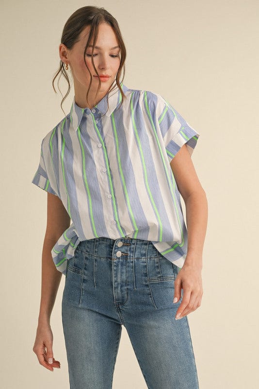 Jodifl Striped Print Simple Drop Shoulder Button Up Collared Top