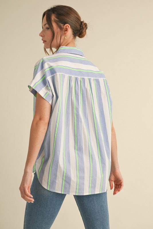 Jodifl Striped Print Simple Drop Shoulder Button Up Collared Top