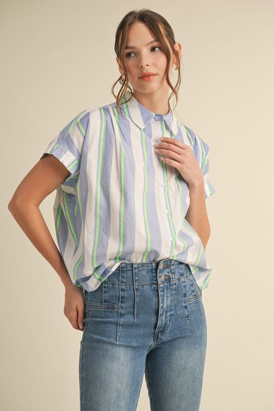 Jodifl Striped Print Simple Drop Shoulder Button Up Collared Top