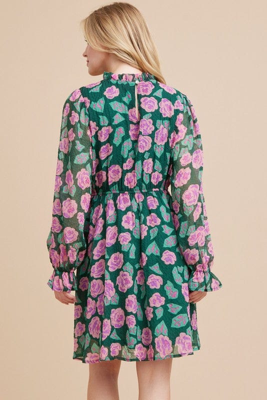 Jodifl Textured Flower Print Dress with Frilled Neck, and Long Poet Sleeves