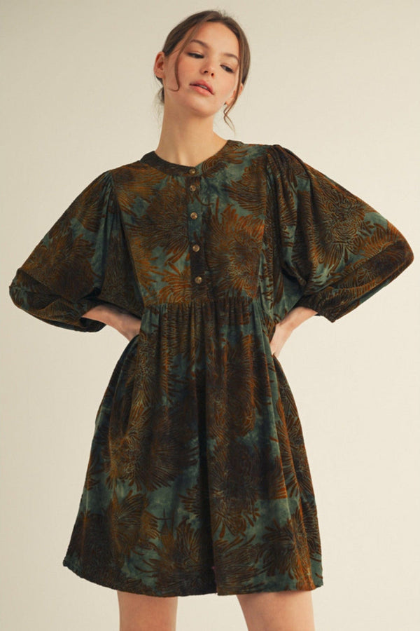 Jodifl Tie Dye Base Floral Velvety Jacquard Dress with Side Pockets