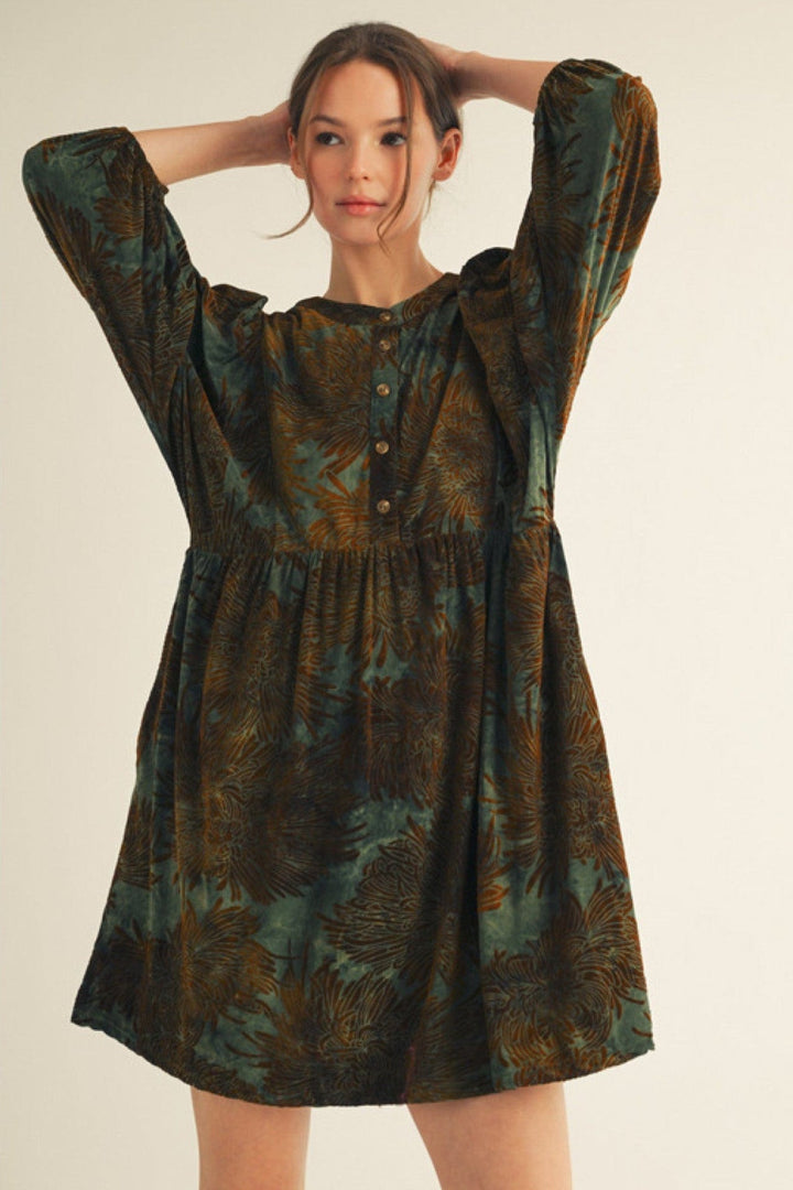 Jodifl Tie Dye Base Floral Velvety Jacquard Dress with Side Pockets