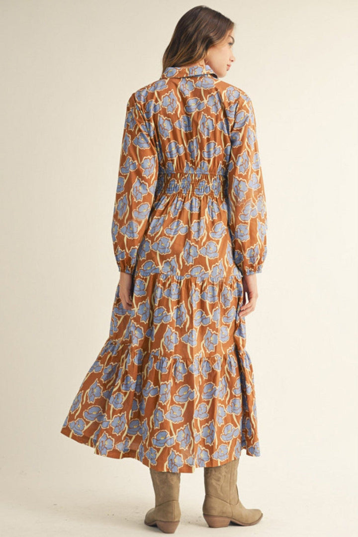 Jodifl Tiered Front Button Down Collared Neckline Tiered Midi Dress