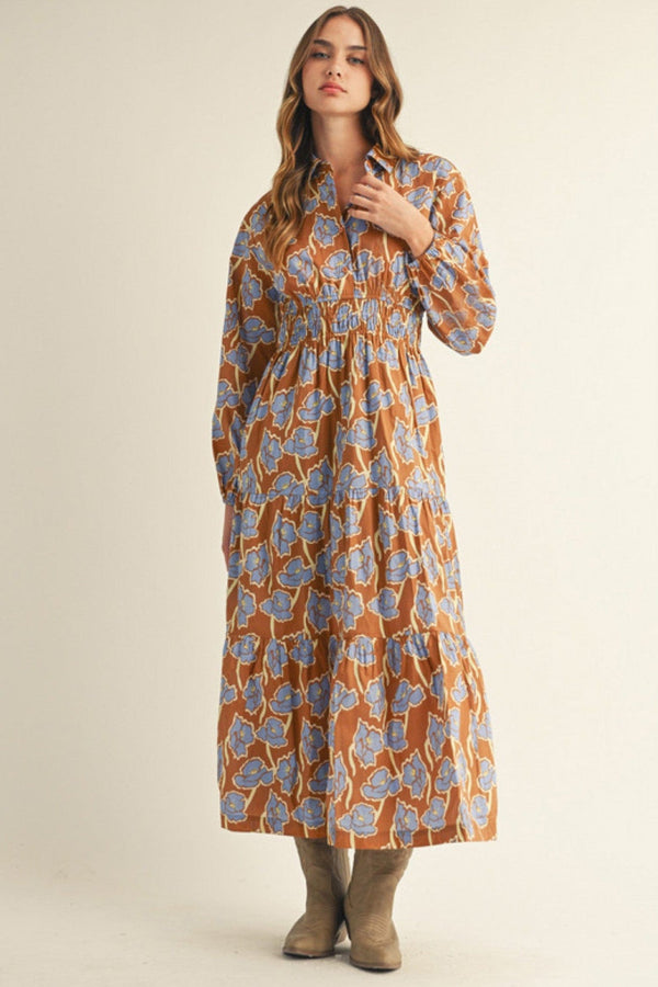 Jodifl Tiered Front Button Down Collared Neckline Tiered Midi Dress