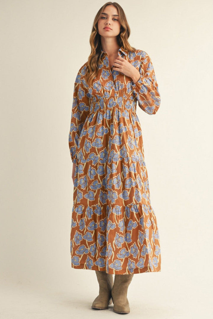 Jodifl Tiered Front Button Down Collared Neckline Tiered Midi Dress