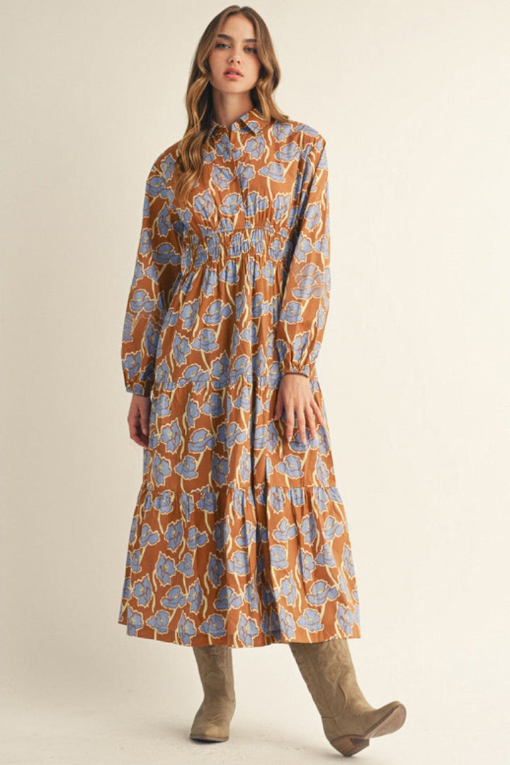 Jodifl Tiered Front Button Down Collared Neckline Tiered Midi Dress