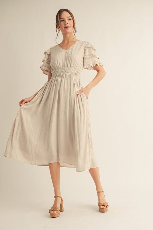 Jodifl Tiered Ruffle Flutter Short Sleeve Smocked Waistline Midi Dress