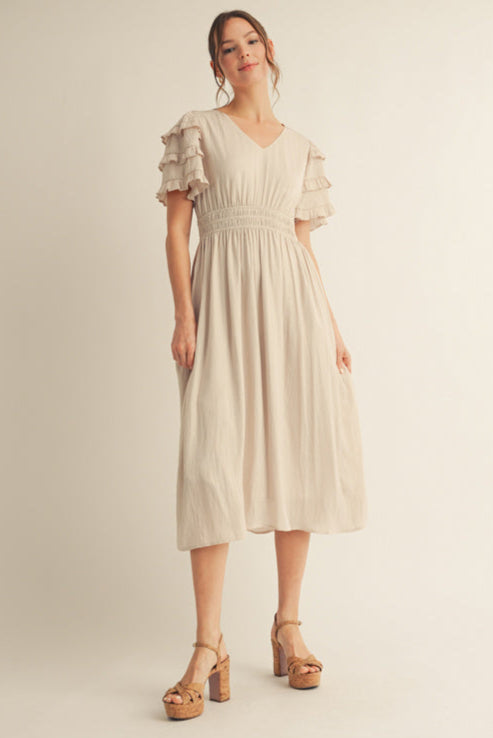Jodifl Tiered Ruffle Flutter Short Sleeve Smocked Waistline Midi Dress