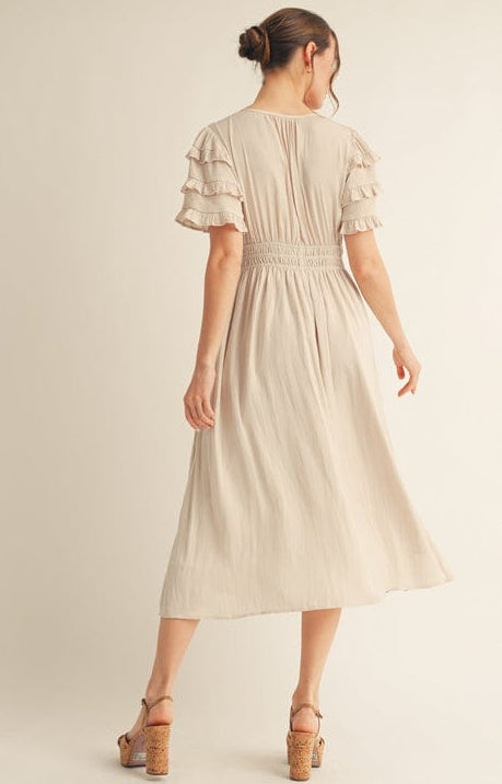 Jodifl Tiered Ruffle Flutter Short Sleeve Smocked Waistline Midi Dress