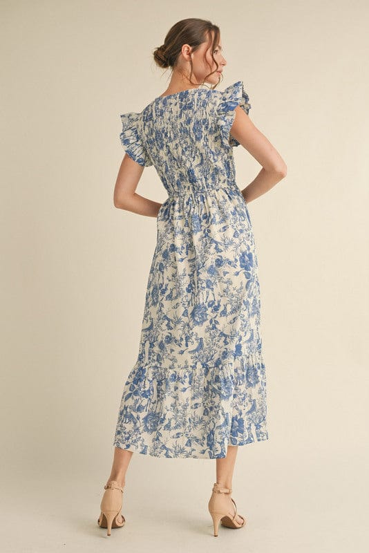 Jodifl Toile Nature Print V-Neck Flutter Sleeve Smocked Bodice Midi Dress