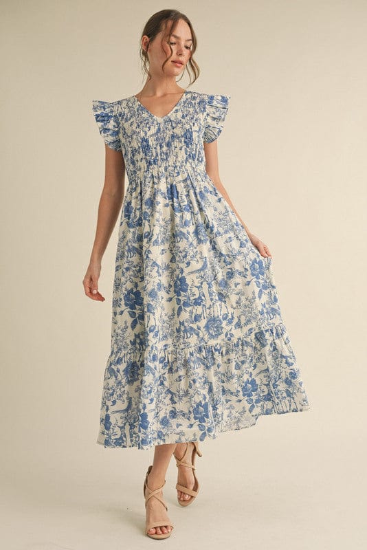 Jodifl Toile Nature Print V-Neck Flutter Sleeve Smocked Bodice Midi Dress