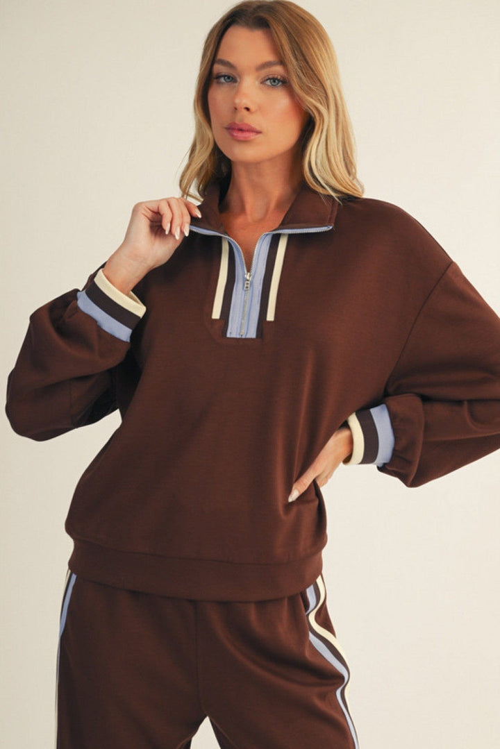 Jodifl Triple Colorblock Stripe Trim Accented Long Sleeve Front Zip Pullover