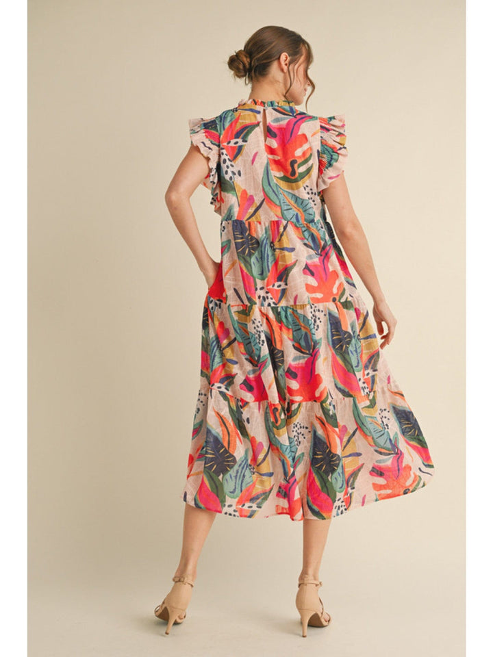 Jodifl Tropical Print Frilled Neckline and Cap Sleeve Tiered Midi Dress