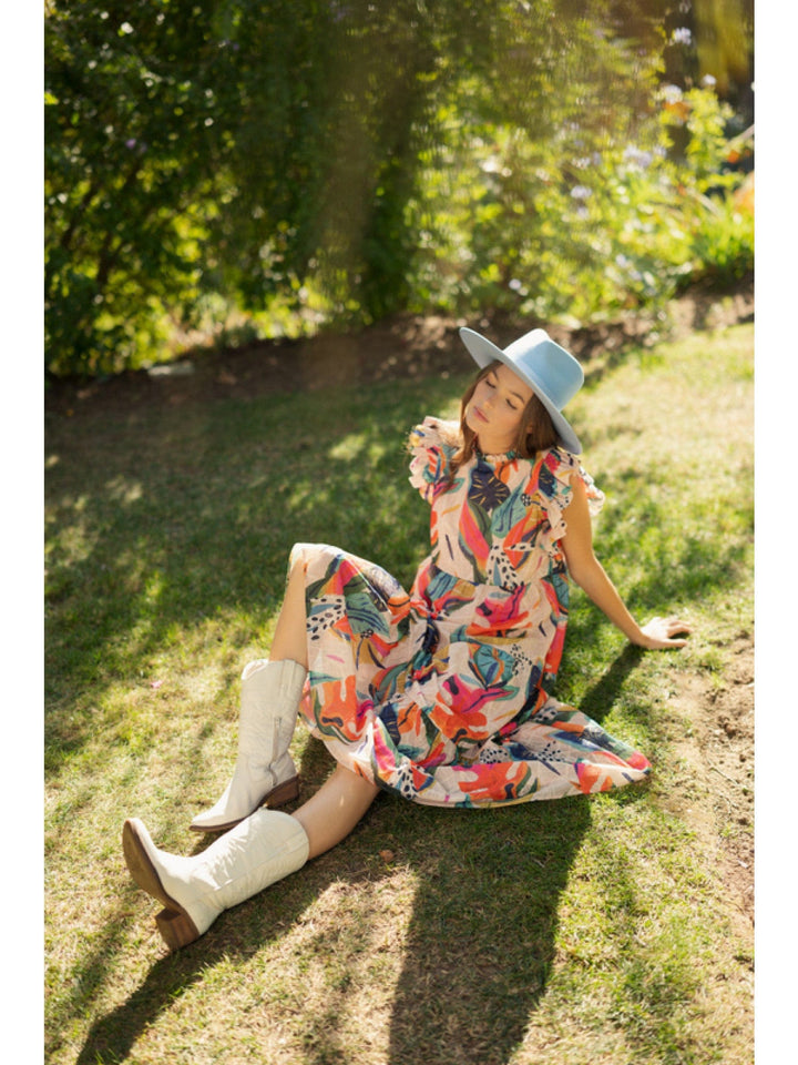 Jodifl Tropical Print Frilled Neckline and Cap Sleeve Tiered Midi Dress
