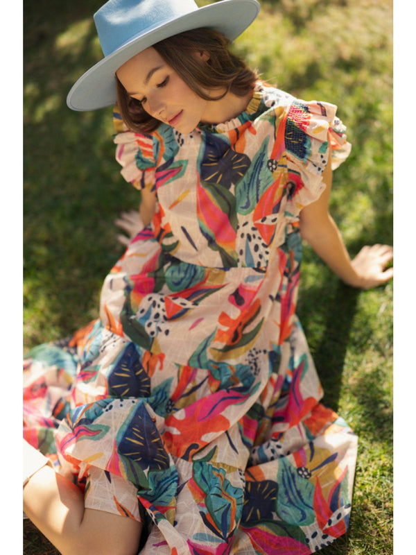 Jodifl Tropical Print Frilled Neckline and Cap Sleeve Tiered Midi Dress
